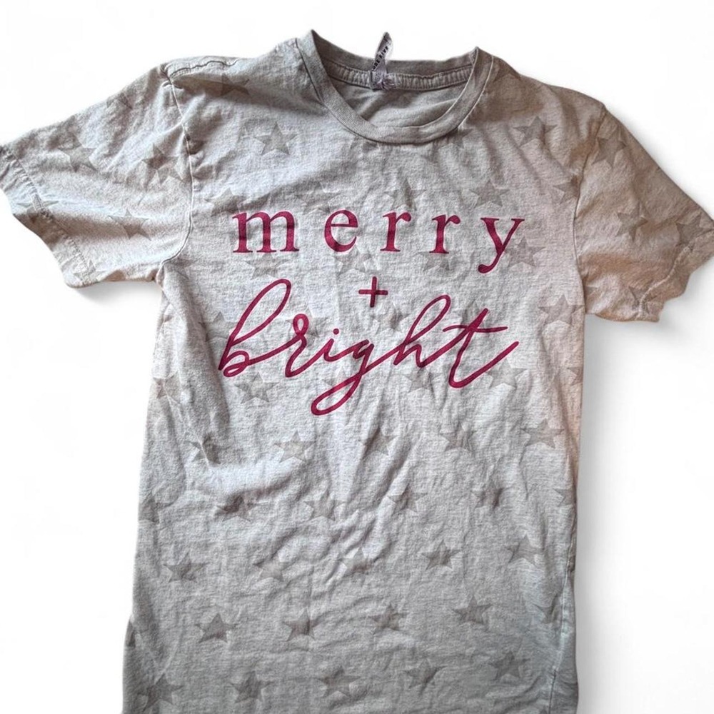 Jude Five Merry + Bright Star Graphic Tee Heather Oatmeal Red Script Small